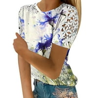 Tking Fashion Ženski kratki rukav Ispisan vrhovima Ljetna casual crewneck čipkasti patchwork t majice