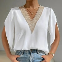 Ženske vrhove Ženska modna boja čvrsta boja čipke V-izrez Elegantna majica s kratkim rukavima TOP White
