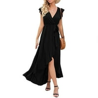 Haljine za žene dugi kratki rukav čvrsta boja A-line klizanje svečana midi haljina crna l