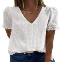 Ženska bijela bluza V izrez Švicarska točka čipke kratki rukav Vintage Elegant majica Vrhovi male US