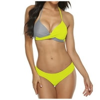 Cara Lady Ženska boja Blok tisak Visoki grudi kaiki bikini set dvodijelni kupaći kostim žuti s