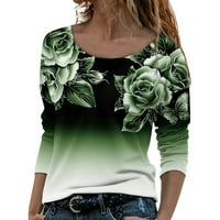Žene ležerne vrhove dugih rukava labav okrugli vrat casual pulover ruža tiskana majica TOP jesenska