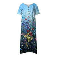 Ženski ljetni boho casual cvjetni ispis A-line haljine Labavi kratki rukav V-izrez Maxi džepne haljine