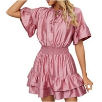 Wirdijev ženske haljine modna puna boja labav kratki rukav casual ruffled swing a-line mini haljina