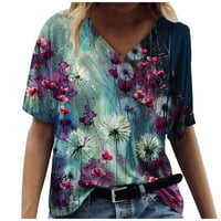 Ženske košulje Ženska ljetna casual v izrez kratki rukav majica Vintage Print Top nebo plavi xxl