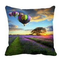 Country Farmhouse jastuk, usamljeno drvo u polju za cvijeće lavande kod prekrasnog sunca zračnog balona,