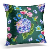 Plavi cvjetovi vrtni cvjetovi s pticama akvarel na zelenom ružičastog jastuka za jastuku