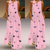 Ženske haljine klirence bez rukava A-line Maxi labav otisak za rezanje Netch Summer Haljina Pink XL
