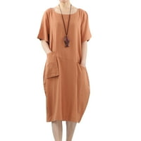 Ženske pamučne posteljine haljine kratki rukav Bager-ljetna odjeća w-niski džepovi narančasti m