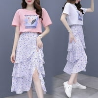 Dvije odijelo Ljetne žene odjeća Korejska stila haljina odijela tiskana majica s kratkim rukavima šifonska