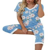Pljuskovi žene pidžame postavlja kratki rukav V-izrez za spavanje s kratkim rukavima sa Capri Hlače