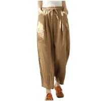 PBNBP ženski elastični oblici čvrsti pamučni posteljini vezeni crtani džepovi tereta Capri pantalone