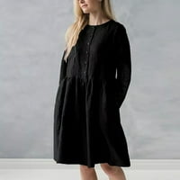 Ženska modna casual crna džepa za krug vrata dugih rukava pamučna posteljina casual haljina