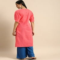 Anouk - Myntra Ženska indijska kurta pamučna ružičasta solidna haljina košulja ovratnik Calf dužina