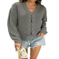 REJLUN Ženske pune boje Pleteni džemperi pletiva otvorena prednja pulover Loungewear Jumper Tops Grey