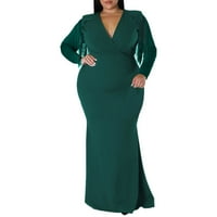 Jesen odjeća za žene trendy haljine veliki tassel dugih rukava čvrsta boja FEP V izrez haljina zelena