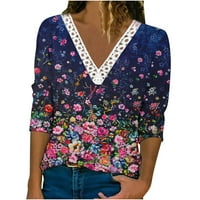 T majice za žene V izrez dugih rukava Modni blusi cvjetni ispisani čipkani trim pulover Tors Regular