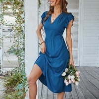 Žene tiskane dužine koljena A-line kratkih rukava modna ljetna V-izrez haljina plava s