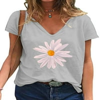 Eleluny Plus Size Ženska Daisy Print Majica kratkih rukava Vruća V izrez Labava bluza Siva 3xl