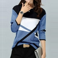 Ženski vrhovi dugih rukava ženska moda casual o-vrat ubode kontrastni boja dugih rukava majica bluza bluza bluza plava 6