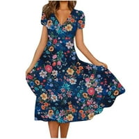 Drindf Womens V izrez kratki rukav maxi haljina Vintage cvjetna print tunika Duga haljina Elegantna ljetna odmor