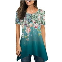 TUNIC TOPS za žene Trendy ljetni kratki rukav cvjetni uzorak grafički grafički vrat pulover majica labava a-linija Flowy bagerg bluza za gamaše zeleno xxl