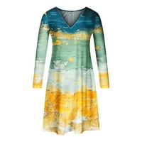 Zunfeo Ženska haljina - Proljeće Ljeto Loose Haljina na plaži Midi haljina V izrez Dugi rukav Fit &