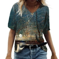 Ženski modni casual digitalni tisak sa cvjetnim kratkim rukavima s labavim majicama vrhovi plave boje