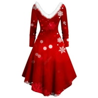 CETHRIO ženske haljine - božićni otisak dugih rukava Fau krzno V-izrez nacrtaj zadnje ljuljačke zabavne