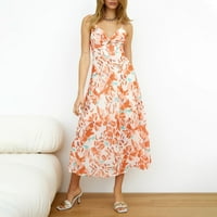Ženska duga haljina V izrez bez rukava cvjetni ispis Strapy haljina Sumperders Ljeto, narandžasta
