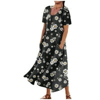 Ženske haljine kratki rukav A-line maxi casual cvjetni izrez za ljetnu haljinu crne m
