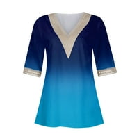 Ljetne ženske košulje Ženska labava majica Casual Fashion tiskani čipkavi šivanje V-izrez Top Blue XL