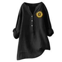 Yyeselk ženske pamučne majice pulover suncokretov print tunički vrhovi Trendy Roll up manževe rukavice