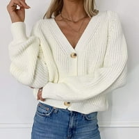 Kaicj ženski džemperi plus veličine Ženski gumb rukav V-izrez Stretch džemper Klintni džemper bijeli,