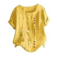 Xiuh Košulje za žene Ženske pamučne posteljine majica Top Lable Fit Ležerne prilike, tipka s kratkim rukavima Tunirani gornji prevelizirani T majice za žene Yellow XL
