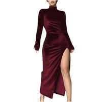Ženska jesen i zima visoki vrat duge baršunaste haljine Slim naleted Split haljina Hot6SL4487113