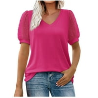 Qcmgmg ženske bluze srušiti casual puff rukave švicarske majice labavi fit v vrat ljeto kratki rukav puni boje vruće ružičaste l