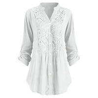 Tking Fashion Womens Dugi rukav Solid vrhovi Ljeto V izrez čipke patchwork botton majice bijeli 2xl