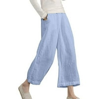 Ženske povremene elastične struke pamučne posteljine kaprisu hlače obrezane široke noge solidne hlače