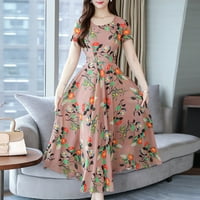 Ženska kratka rukava cvjetna modna modna dužina gležnja maxi V-izrez ljetna haljina ružičasta l