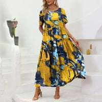 Ljetne haljine za ženske ležerne boje Bohemian s džepovima s kratkim rukavima dugačak maxi haljina žuta