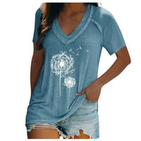 Knosfenske ljetne vrhove za ženske ležerne labave majice kratki rukav Dandelion Print V majice Blue