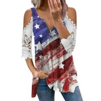 Fsqjgq čipkasti rukav s ramena bluza Ženska tenka Vrhunska američka zastava Ispis Neovisnost dana prsluk