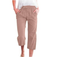 Ženske crteži elastične casual hlače visoke strukse sa visokim strukom labavim fit comfy baggy solid color posteljine hlače ravne široke džepove za noge Dukserice Rose Gold XXXL
