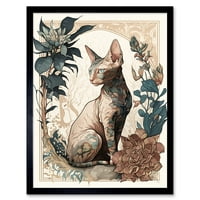 Sphyn Cat sa cvjetnim cvjetama Modern Art Nouveau Portret Ilustracija Art Print Framed Poster Zidni