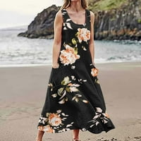 Žene Ljetne casual haljine okrugli vrat džepovi na plaži bez rukava retro cvjetni ispisani labavi montirani
