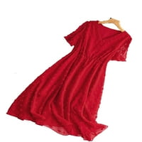 Ležerne prilike V izrez Linijska haljina s kratkim rukavima Crvena plus Veličina