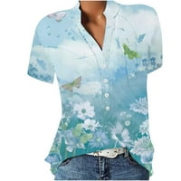 Yinmgmhj Ženska v izrez bluza s kratkim rukavima Tuničke košulje cvjetne tiskene majice Lagane vrhove