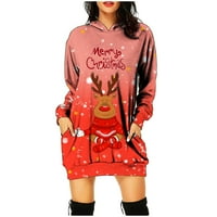 Sretne božićne haljine za žene modni simpatični jeleni los tisak dugih rukava s kapuljačom mini haljina