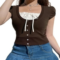 Mialeoley ženska majica čipka za šivanje dekolte Dizajn dugmeta zatvarajući kratki puff rukave tanke
